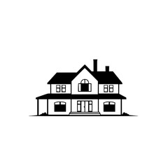 Minimalist Black and White Two-Story House Illustration with Porch, Windows, Chimneys, and Arch Window.