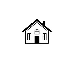 Simple black and white house illustration with gabled roof, chimney, door, windows, and minimalist architectural design, isolated on white.