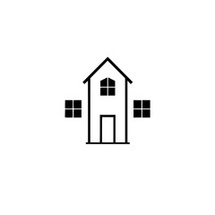 Minimalist Black and White House Icon with Three Windows, Door, and Simple Roof, Perfect for Real Estate or Design.