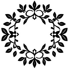 Symmetrical black botanical wreath illustration, featuring leaves and stylized floral elements in a circular design on white.