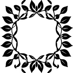 Symmetrical Black Foliage Frame Design on White Background, Elegant Circular Composition, Botanical Border, Minimalist Aesthetic.