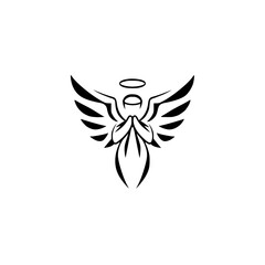Black and white minimalist angel design, with praying hands and a halo. Simple, elegant illustration on white background.