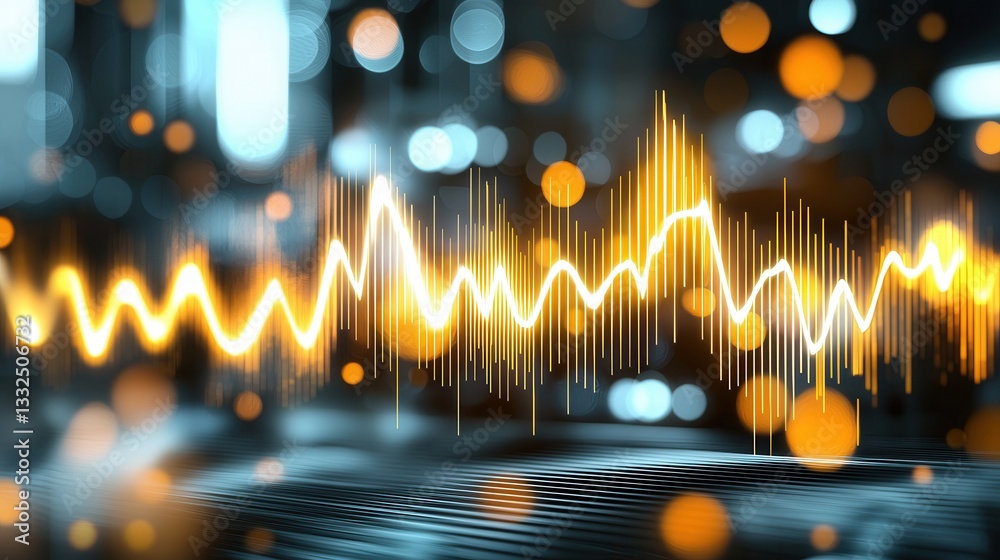 Poster captivating abstract visualization of a pulsing undulating sound wave with vibrant neon colors and s