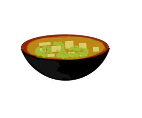Miso soup *D, miso shiru is a Japanese dish of soup with a dashi base plus a small amount of seafood or vegetables, and miso as a flavoring. Miso soup is enjoyed by lifting the soup bowl and drinking 
