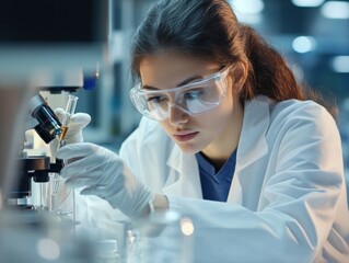 woman sciencetist testing with glass bottle in laboratory