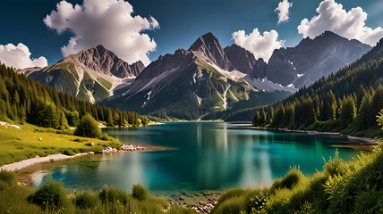 Serene alpine lake nestled amongst majestic mountains.