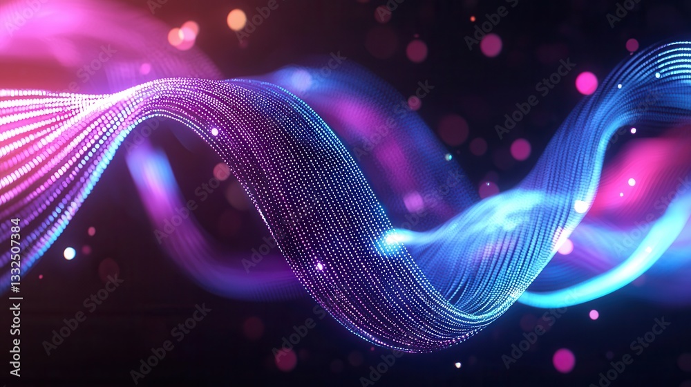 Poster vibrant dynamic visualization of sound waves pulsing and flowing in mesmerizing patterns illuminated