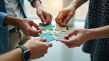 Unity in Action: Business Professionals Collaborating to Complete the Puzzle of Teamwork and Partnership in a Charming Flat Vector Illustration