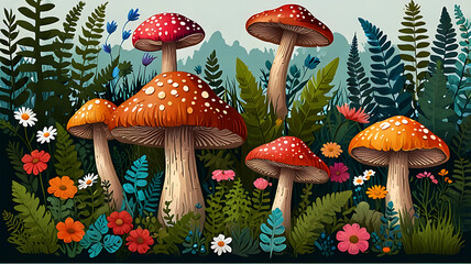 Vibrant Forest Mushrooms with Flowers