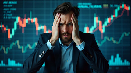 Business failure and unemployment problems from the economic crisis. Stressed businessman sits in panic digital stock market financial background. Stock market and global economic inflation recession.