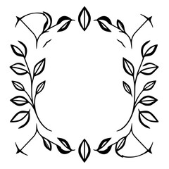Vector illustration of a stylized circular floral frame composed of black, ink-like leaves and stems on a white background.
