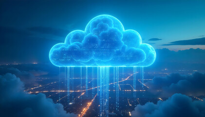 Digital artwork of a glowing cloud with rain illuminating the city skyline at dusk