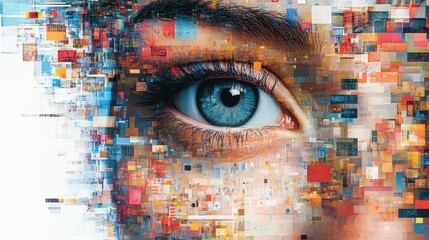 Abstract digital art of human eye with colorful geometric patterns