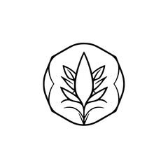 Minimalist Black and White Botanical Crest: Central Leafy Sprig Surrounded by Stylized Shield-like Frame.