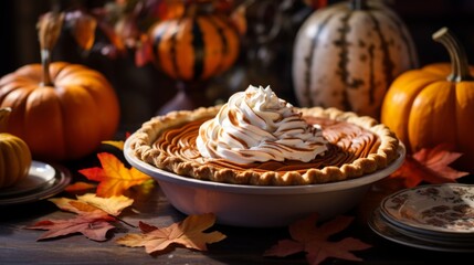 A classic pumpkin pie with a flaky crust, topped with whipped cream swirls, served on a festive autumn-themed table.