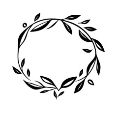Elegant Black and White Circular Floral Wreath with Leafy Branches and Empty Center, Perfect for Decorative Designs