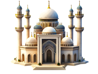 Majestic Mosque Illustration with Intricate Details and Grand Architecture on Black