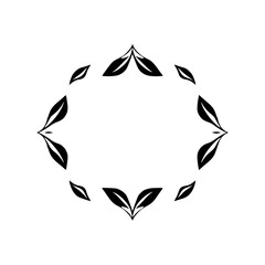 Elegant Black Leaf Frame: A minimalist design featuring a symmetrical oval arrangement of stylized leaves on a pristine white background.