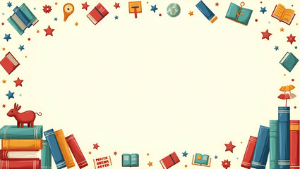 Celebrate International Children's Book Day with a Unique Book Frame Design Featuring Literary Icons and Space for Personal Messages - Perfect for Photo Stock!