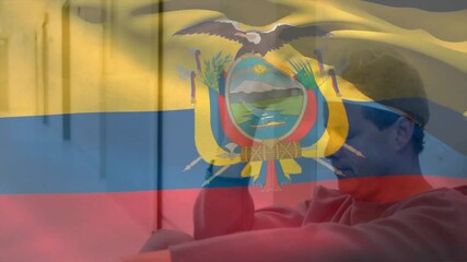 Animation of Ecuador flag covering person contemplating with head in hands - Powered by Adobe