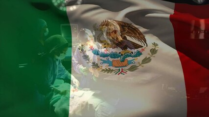 Performing surgery, medical team in hospital with Mexican flag animation overlay - Powered by Adobe