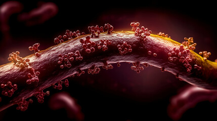 A detailed microscopic image of a biological structure with particles