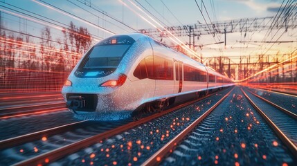 Fototapeta premium A high speed passenger train in motion its sleek blue body gliding swiftly through the night along a network of illuminated railway tracks against a backdrop of warm sunset colors