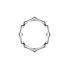 Minimalist Ornamental Emblem: A Symmetrical Black Frame Encircling a Blank White Oval, Isolated on a Clean White Background.