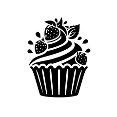Black and White Vector Illustration of a Strawberry Cupcake with Whipped Cream, Mint Leaves, and Sugar Drips on a White Background.