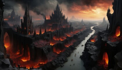 Epic Fantasy Landscape of a Burning, Gothic City