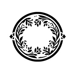 Symmetrical Black and White Floral Wreath within a Circle, featuring stylized leaves, berries, and decorative flourishes, on a clean white background.