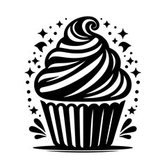 Stylized Black and White Cupcake Illustration with Swirl Icing, Decorative Sparkles, and Splashes on White Background.