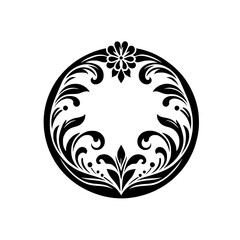 Intricate black and white floral circular design, showcasing leaves, flower, and stylized curves, centered on white background.