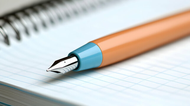 Close Up of Orange and Blue Fountain Pen on Lined Notebook