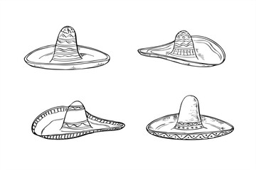 Mexican sombreros with different patterns clip art line art black ink sketch. Native traditional ornate hates set vector isolated illustration. Cinco de mayo holiday headdress attribute. Side view