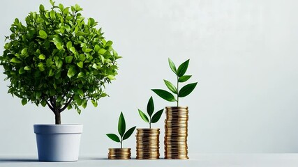A potted tree and stacked coins showing growth of sustainable finance