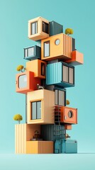 Fototapeta premium Modern Stacked Shipping Containers in Vibrant Colors Against Blue Background