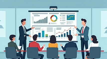 Fototapeta premium Engaging Flat Vector Illustration of Business Team Meeting: Training & Collaboration with Infographic Presentation