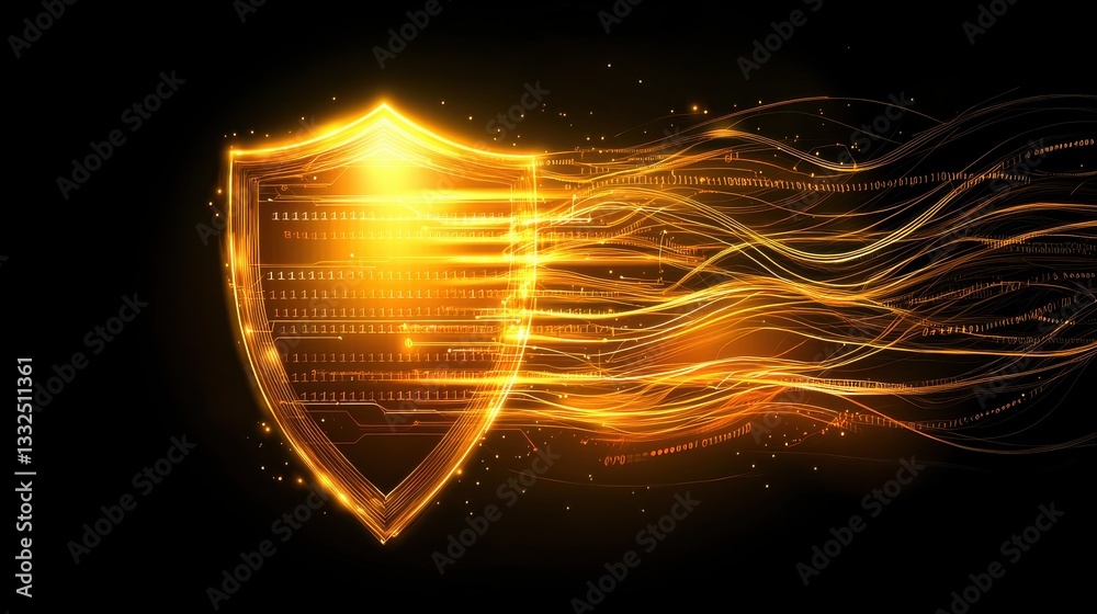 Poster digital shield icon with golden lines and binary code background