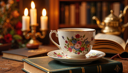 Fototapeta premium Elegant porcelain teacup on classic literature, vintage ambiance