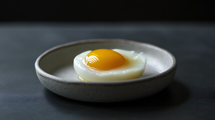 egg with the yolk slightly oozing placed on a small minimalist dish 