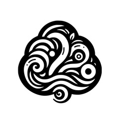 Stylized, Black and White Cloud-like Emblem with Swirls, Eyes, and Leaf Element.