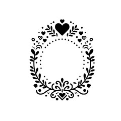 Elegant Black and White Ornamental Wreath Design with Hearts, Foliage and Dots, Circular Frame, Decorative Border.