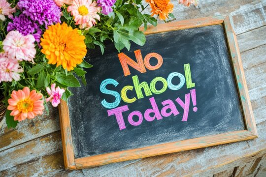 Bright chalkboard announcement of no school today with flowers nearby Generative AI