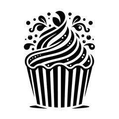 Artistic Black and White Cupcake Illustration with Swirling Frosting, Sprinkles, and a Striped Cup, on a plain white background.