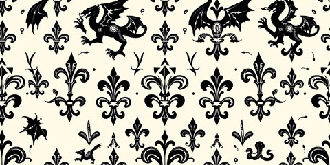 Vintage Woodcut Gothic Seamless Pattern with Dragons and Fleur-de-Lis