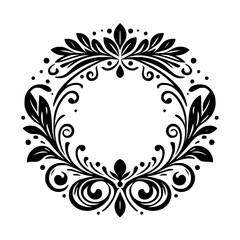 Elegant Black and White Floral Wreath Ornament, Symmetrical Design with Leaves, Scrolls, and Dots, Perfect for Wedding Invitations and Decorations.