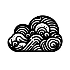 Stylized Black and White Cloud: Striated, Ornate Design with Curvilinear Lines and Patterned Form on White Background