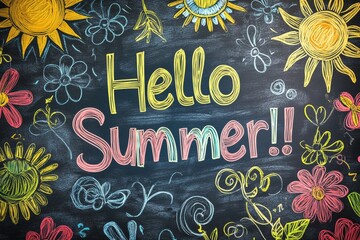 Chalkboard art greeting summer with flowers and sunshine decorations Generative AI