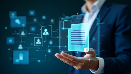 Fototapeta premium Enhance Document Safety: Businessman Uses Online Database Management